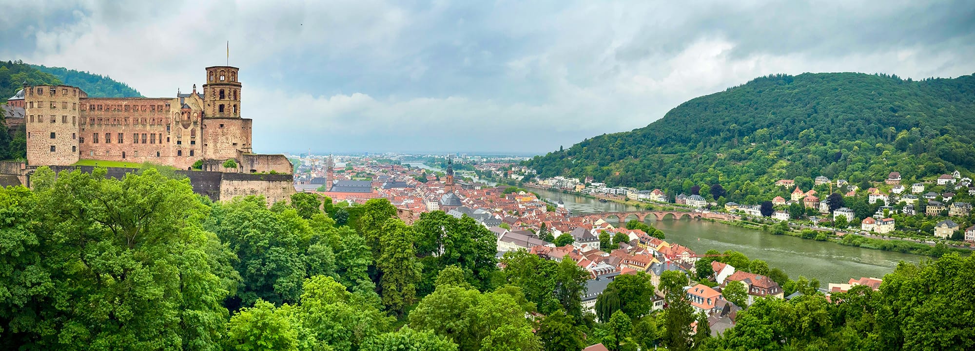 View of Schloss Heidelberg over the Altstadt, Alt Brücke and the Neckar River , Heidelberg, Germany